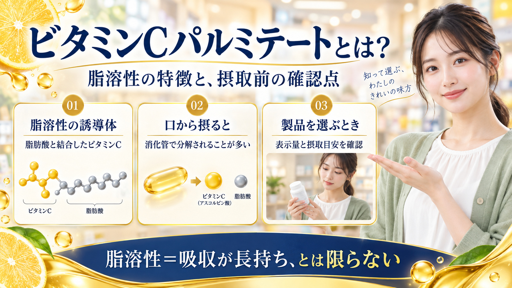 ビタミンCパルミテートの脂溶性、口から摂った後の消化管での分解、製品表示の確認点を示すアイキャッチ。