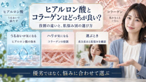 ヒアルロン酸とコラーゲンの役割を比較し、うるおい・ハリなど肌悩みに合わせて選ぶ考え方を示すアイキャッチ。