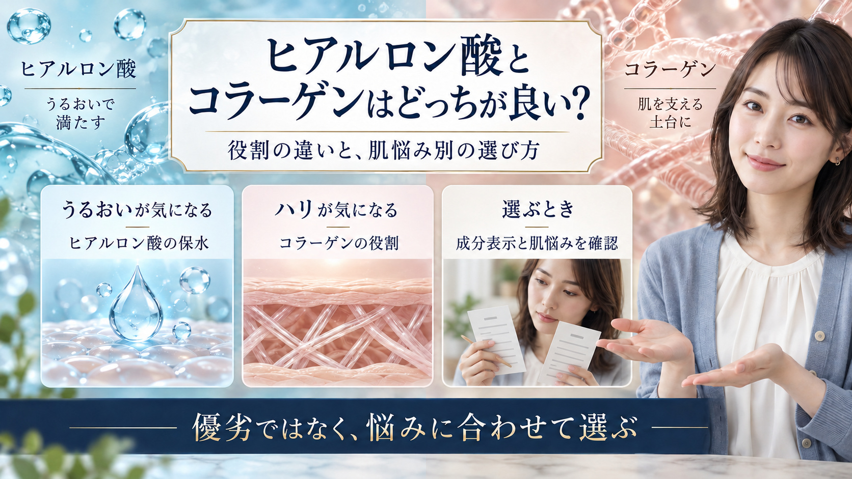 ヒアルロン酸とコラーゲンの役割を比較し、うるおい・ハリなど肌悩みに合わせて選ぶ考え方を示すアイキャッチ。