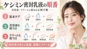 ケシミン密封乳液の順番｜美容液やクリームと重ねる正解手順の記事内容をまとめたアイキャッチ