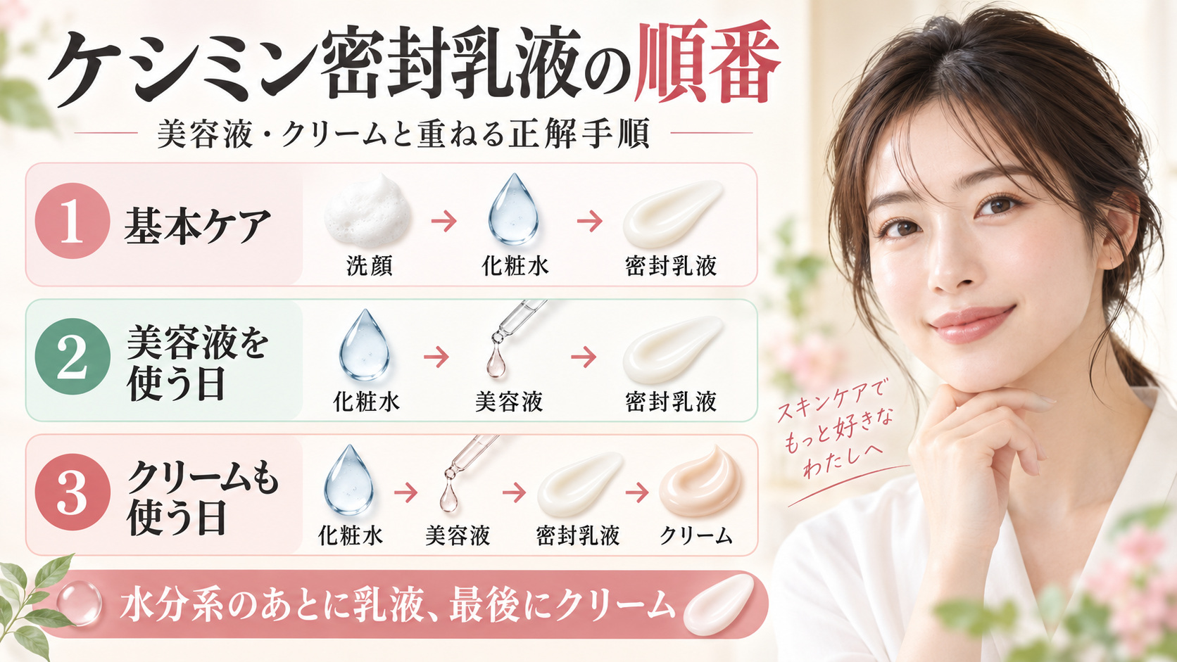 ケシミン密封乳液の順番|美容液やクリームと重ねる正解手順の記事内容をまとめたアイキャッチ