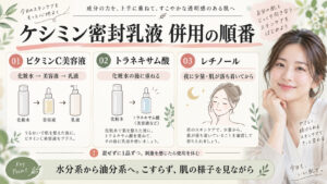 ケシミン密封乳液の併用｜ビタミンCやレチノールと組む手順の記事内容をまとめたアイキャッチ