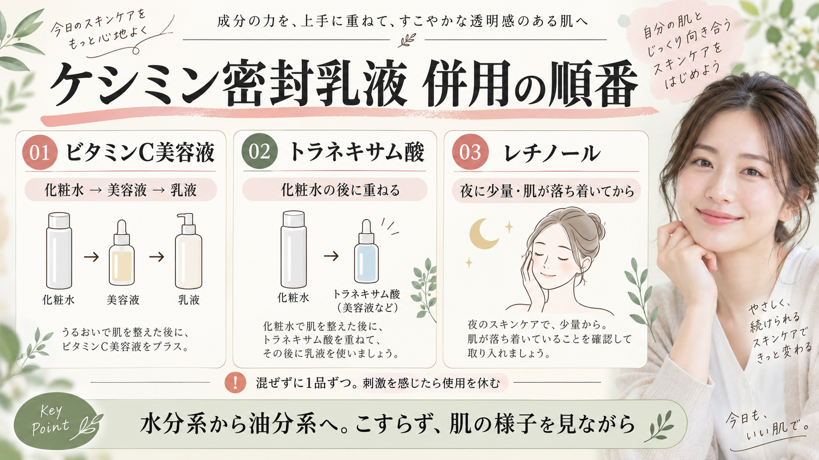 ケシミン密封乳液の併用|ビタミンCやレチノールと組む手順の記事内容をまとめたアイキャッチ