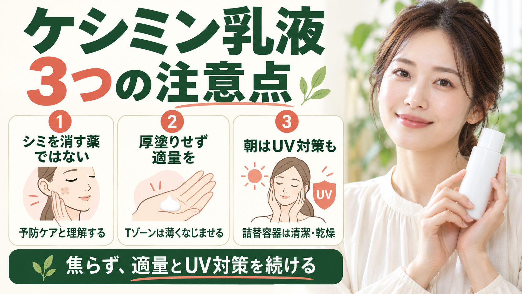 ケシミン密封乳液の注意点|シミ予防の誤解と失敗を防ぐ心得の記事内容をまとめたアイキャッチ