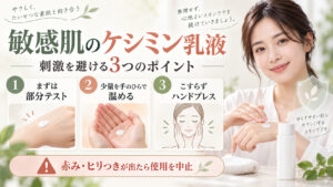 ケシミン密封乳液は敏感肌でも使える？刺激を防ぐ塗り方と成分解説の記事内容をまとめたアイキャッチ