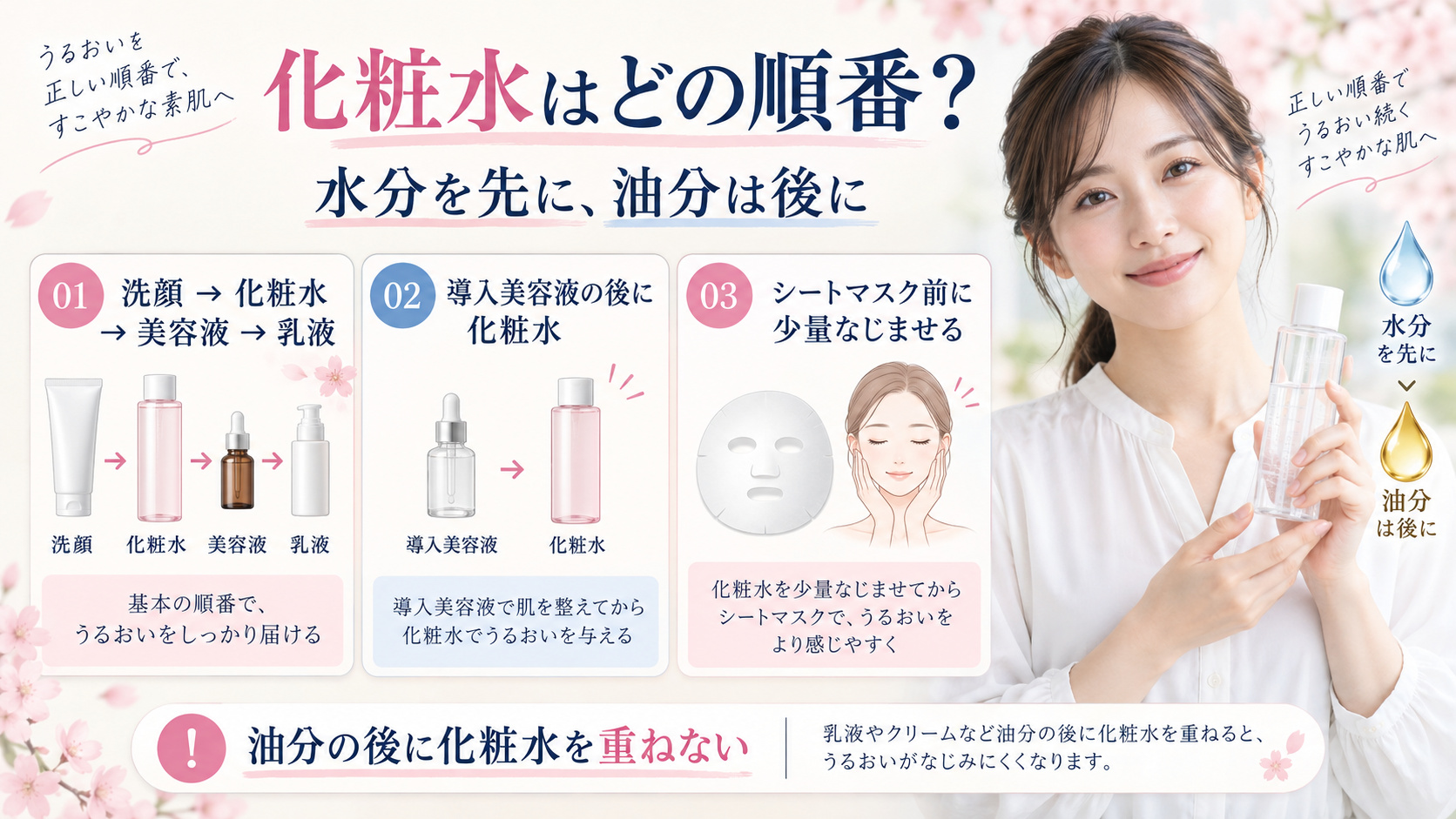 菊正宗日本酒の化粧水透明保湿の順番｜美容液や乳液との正しい配置の記事内容をまとめたアイキャッチ