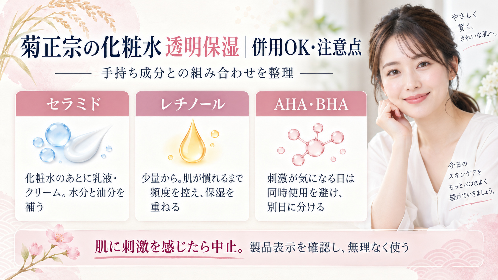 菊正宗日本酒の化粧水透明保湿の併用術｜相性の良い成分とNGな組み合わせの記事内容をまとめたアイキャッチ