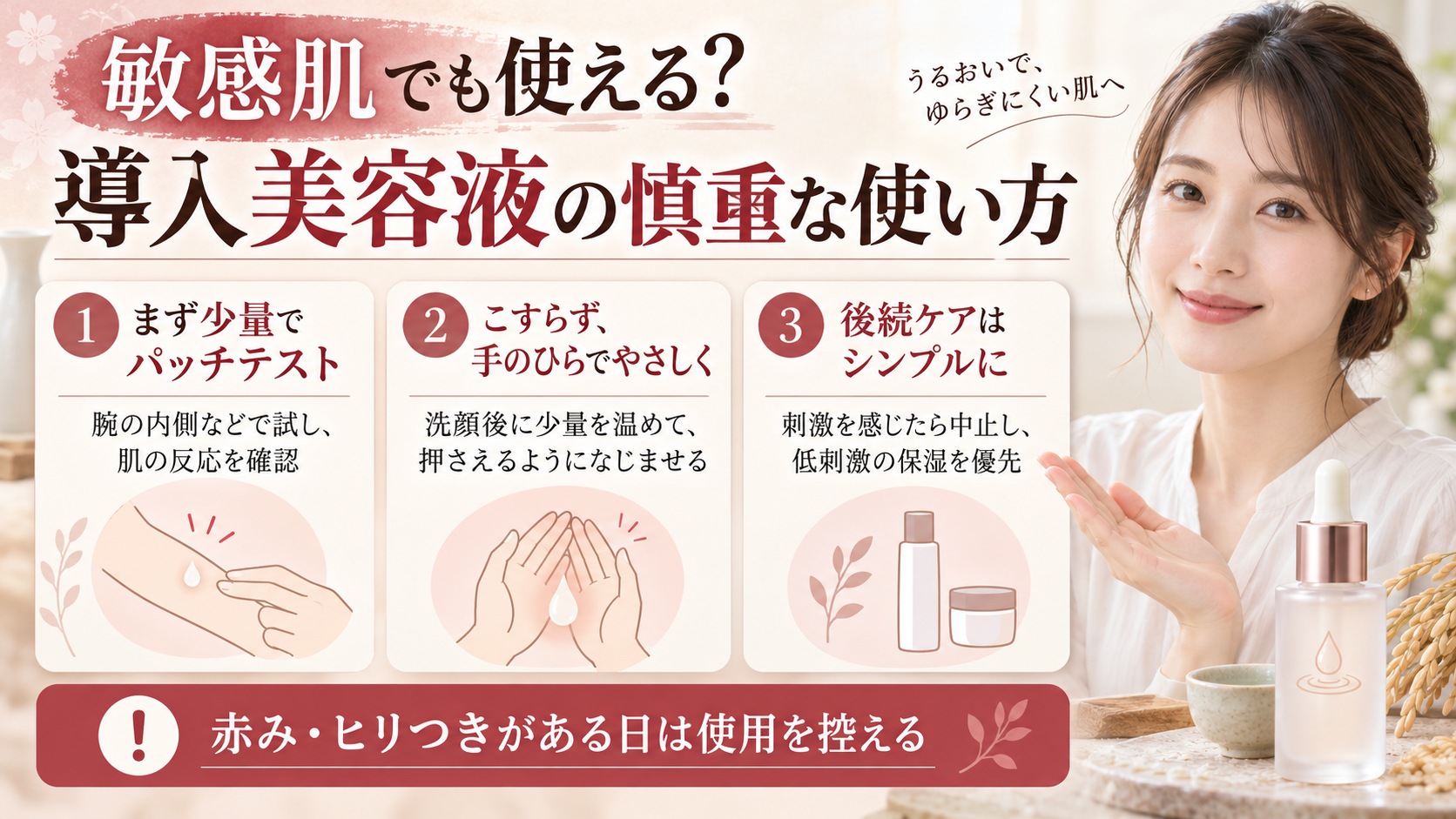 菊正宗正宗印導入美容液は敏感肌でも使える?刺激を防ぐ低刺激ケア法の記事内容をまとめたアイキャッチ