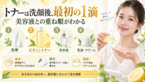 Jumisoビタミングロウブーストトナーの順番｜美容液との重ね順の記事内容をまとめたアイキャッチ