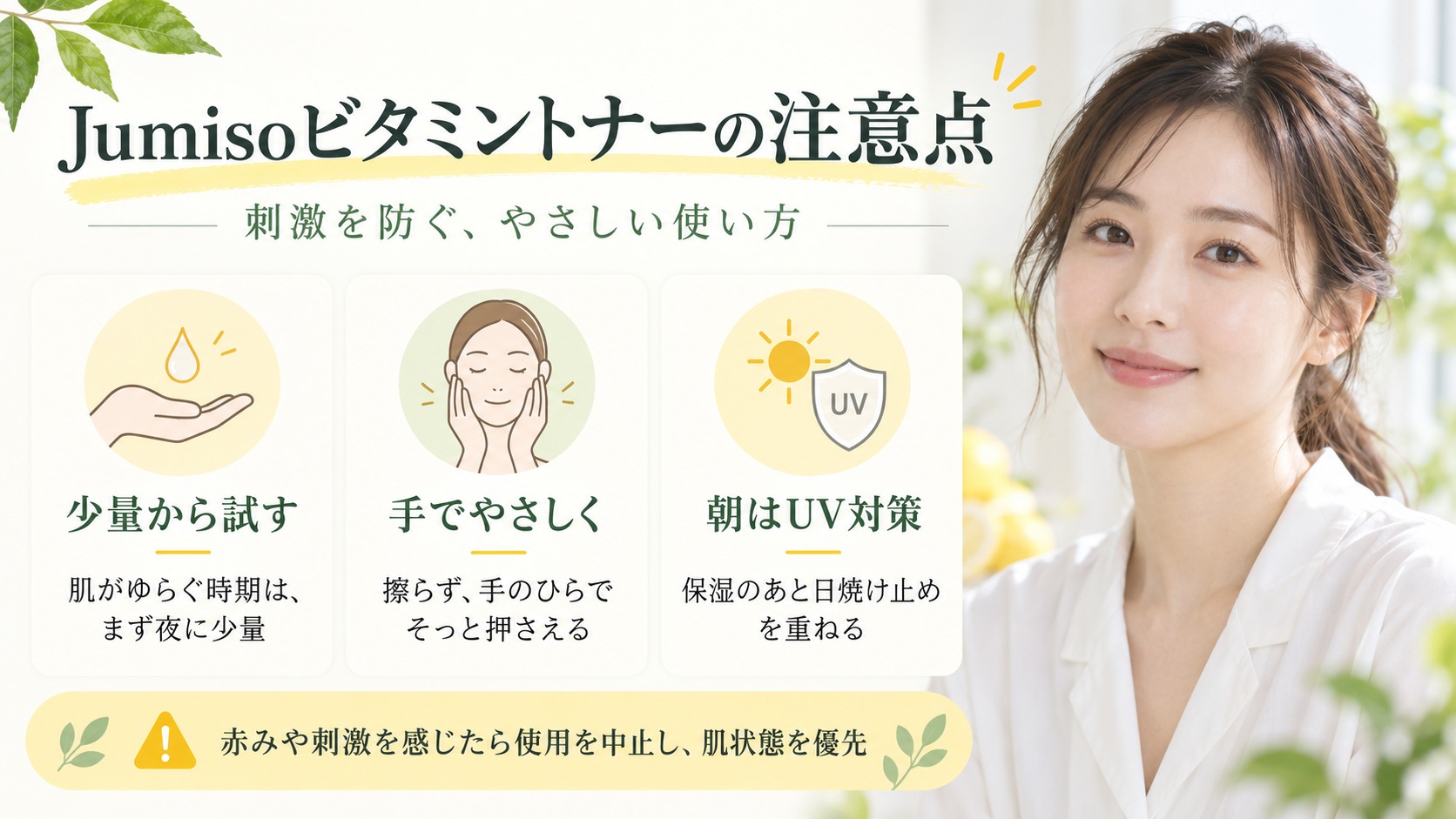 Jumisoビタミングロウブーストトナーの注意点｜刺激を防ぐ掟の記事内容をまとめたアイキャッチ