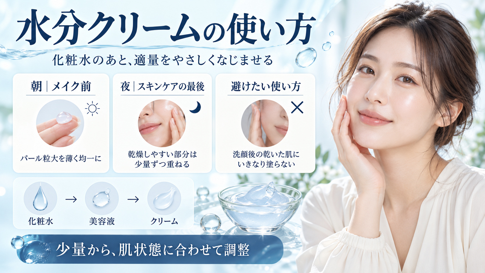 Jumisoウォーターフルヒアルロン酸クリームの使い方｜水分密封術の記事内容をまとめたアイキャッチ