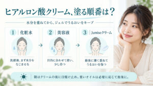 Jumisoヒアルロン酸クリームの順番｜朝夜の重ね方と塗布ステップの記事内容をまとめたアイキャッチ