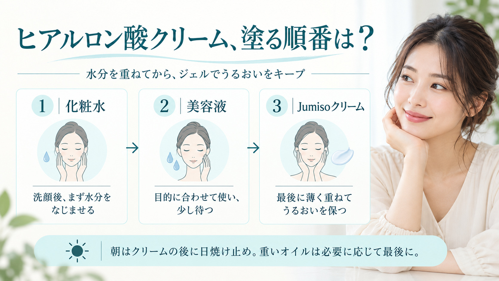Jumisoヒアルロン酸クリームの順番|朝夜の重ね方と塗布ステップの記事内容をまとめたアイキャッチ