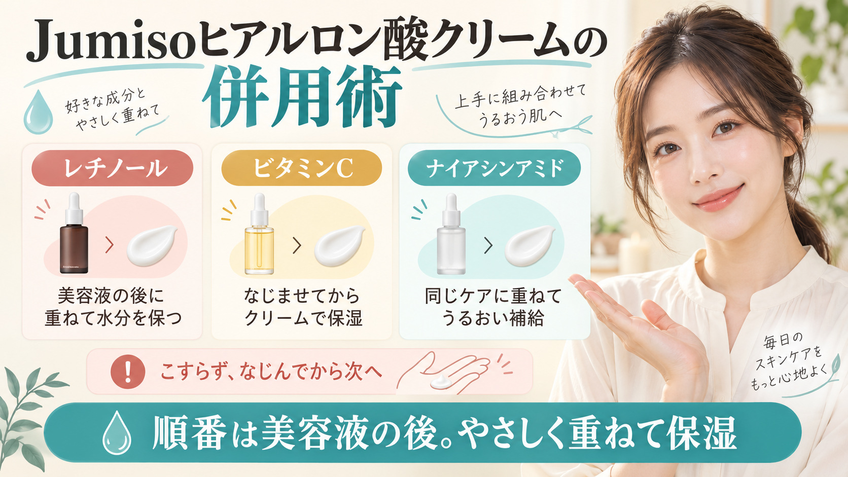 Jumisoヒアルロン酸クリームの併用術｜相性抜群の成分と注意点の記事内容をまとめたアイキャッチ