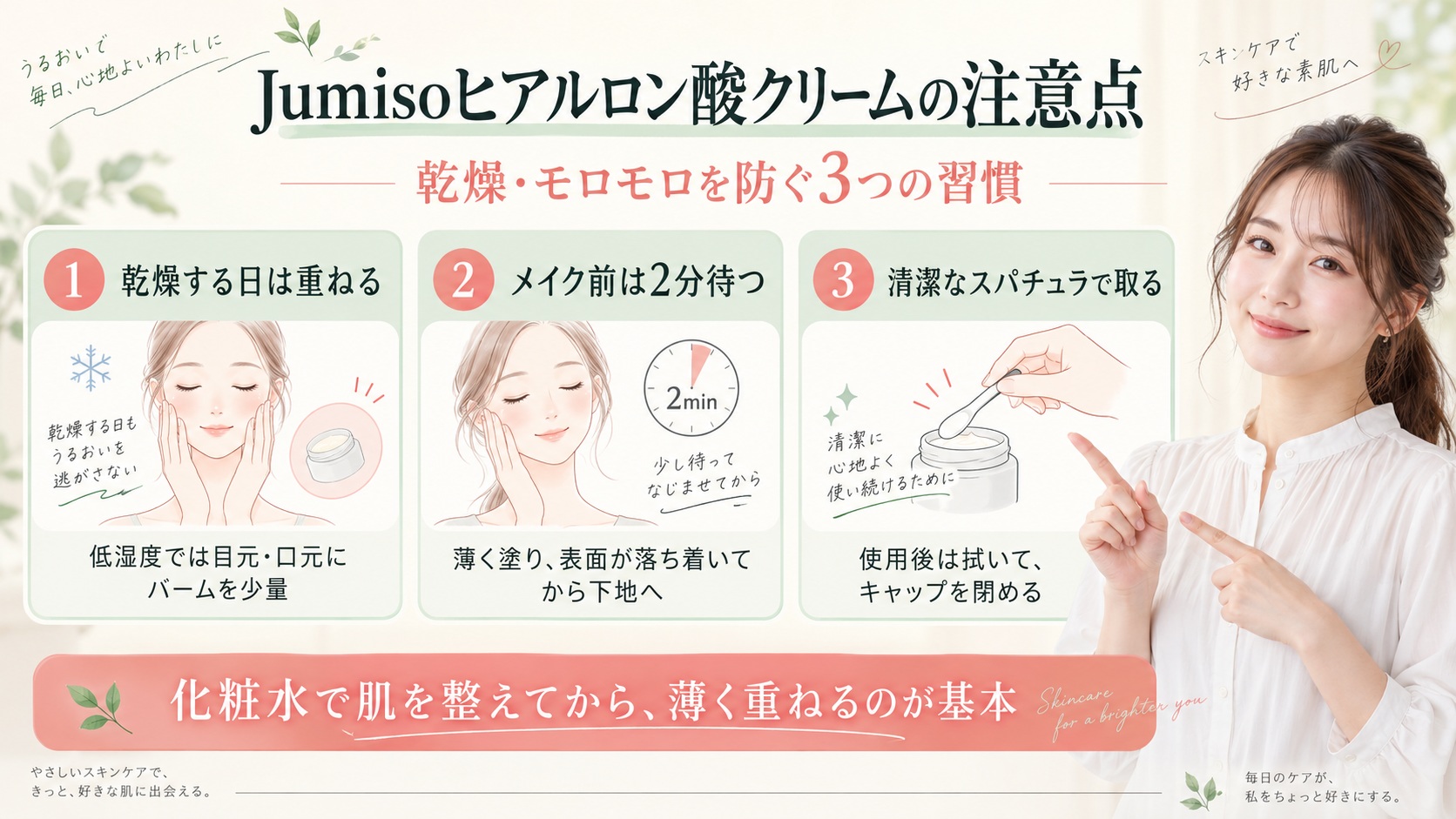 Jumisoヒアルロン酸クリームの注意点｜乾燥とモロモロを防ぐ掟の記事内容をまとめたアイキャッチ