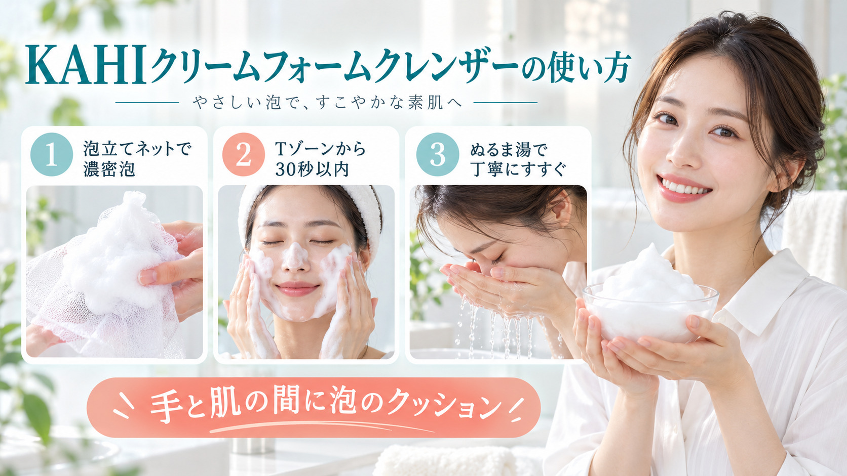 KAHIクリームフォームクレンザーの使い方｜弾力泡洗顔の掟の記事内容をまとめたアイキャッチ