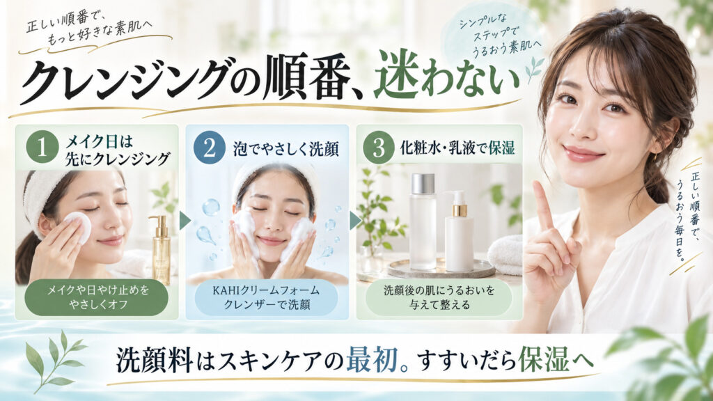 KAHIクリームフォームクレンザーの順番｜水光肌へ導く洗顔順の記事内容をまとめたアイキャッチ
