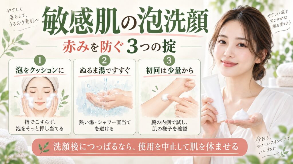 KAHIクリームフォームクレンザーの敏感肌適性｜赤みを防ぐ掟の記事内容をまとめたアイキャッチ