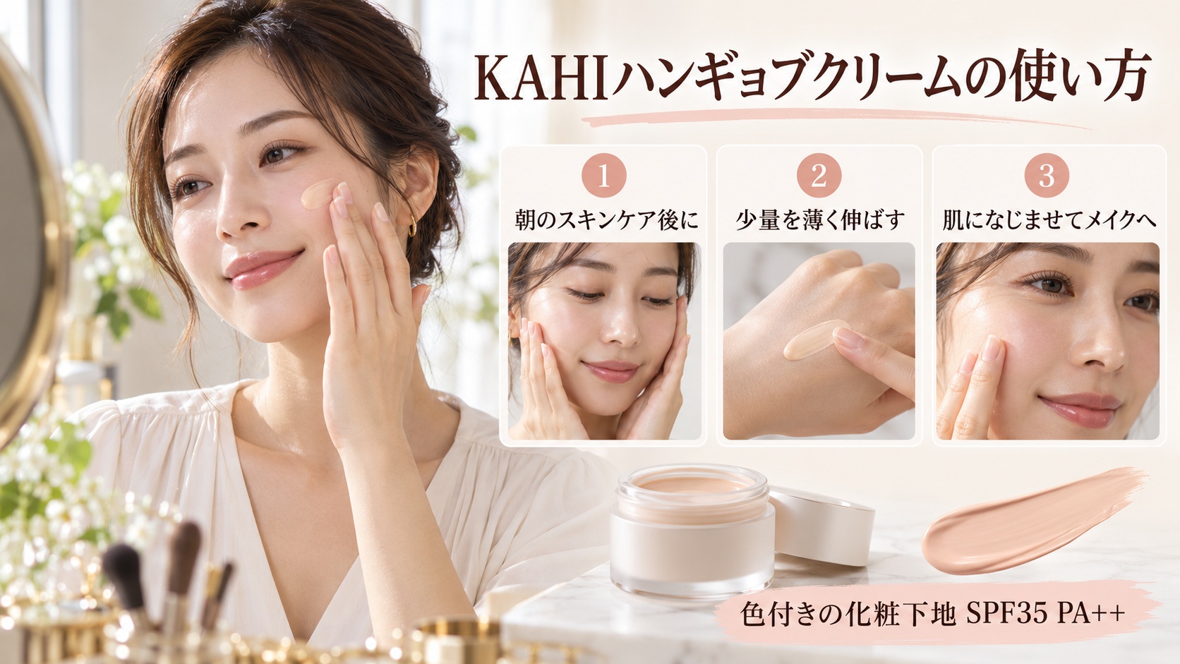 KAHIハンギョブクリームを朝のスキンケア後に薄く伸ばす化粧下地の使い方