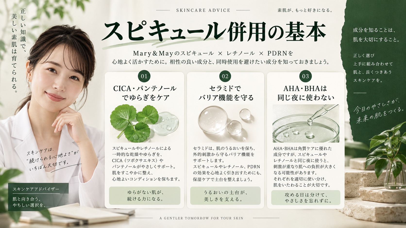Mary&Mayスピキュール併用術|相性抜群の成分とNGの掟の記事内容をまとめたアイキャッチ