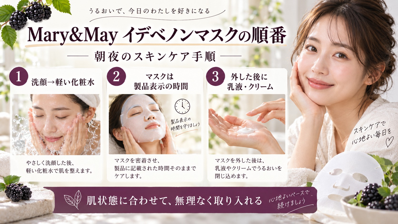 Mary&Mayイデベノンマスク順番｜朝夜の手順と浸透の掟の記事内容をまとめたアイキャッチ