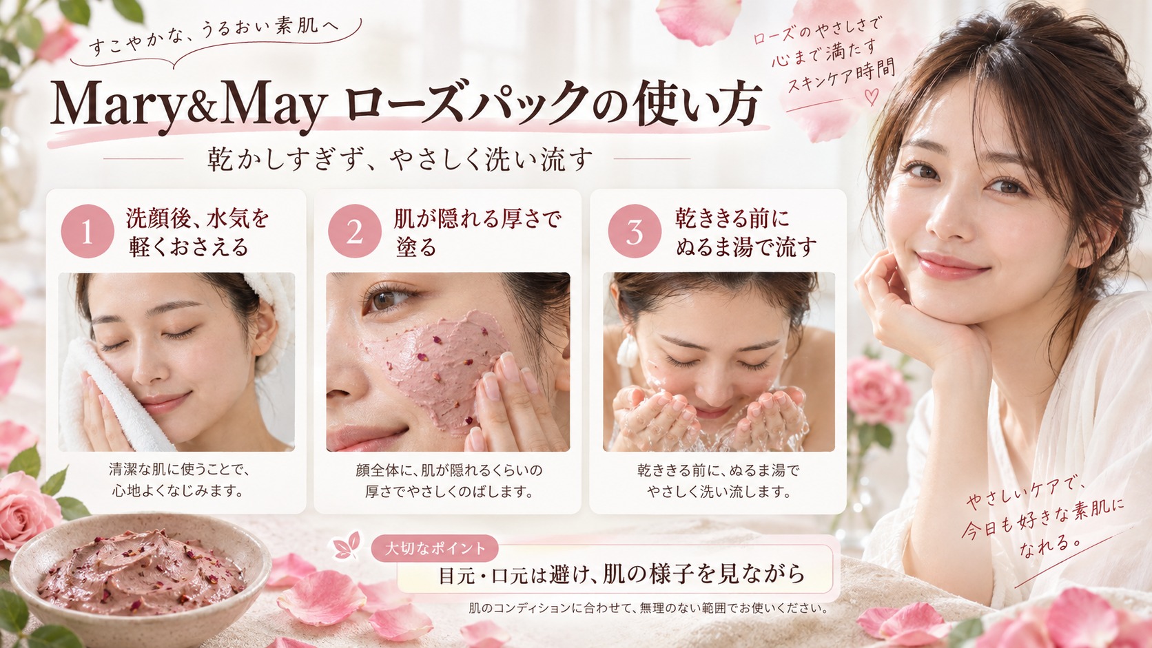 Mary&Mayローズパック使い方|乾燥知らずの放置時間と掟の記事内容をまとめたアイキャッチ