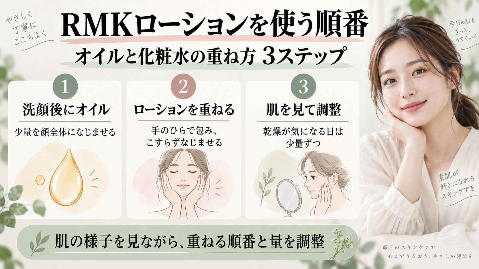 RMKローション使う順番|Wトリートメントオイル併用の掟の記事内容をまとめたアイキャッチ