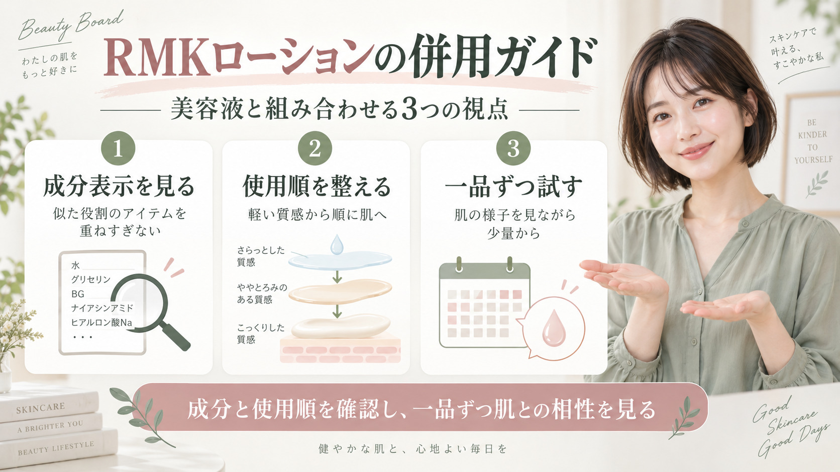 RMKローション併用の相性学|美肌成分の重複を防ぐ組み合わせの記事内容をまとめたアイキャッチ