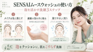 SENSAIムースウォッシュ使い方｜濃密炭酸泡を活かす洗顔作法の記事内容をまとめたアイキャッチ