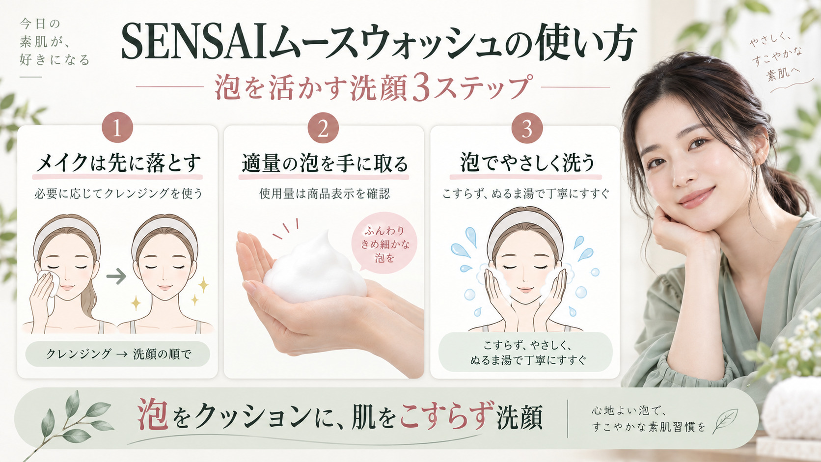 SENSAIムースウォッシュ使い方｜濃密炭酸泡を活かす洗顔作法の記事内容をまとめたアイキャッチ