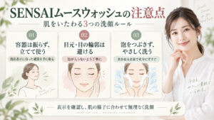 SENSAIムースウォッシュ注意点｜炭酸泡の刺激と肌荒れ防止指針の記事内容をまとめたアイキャッチ