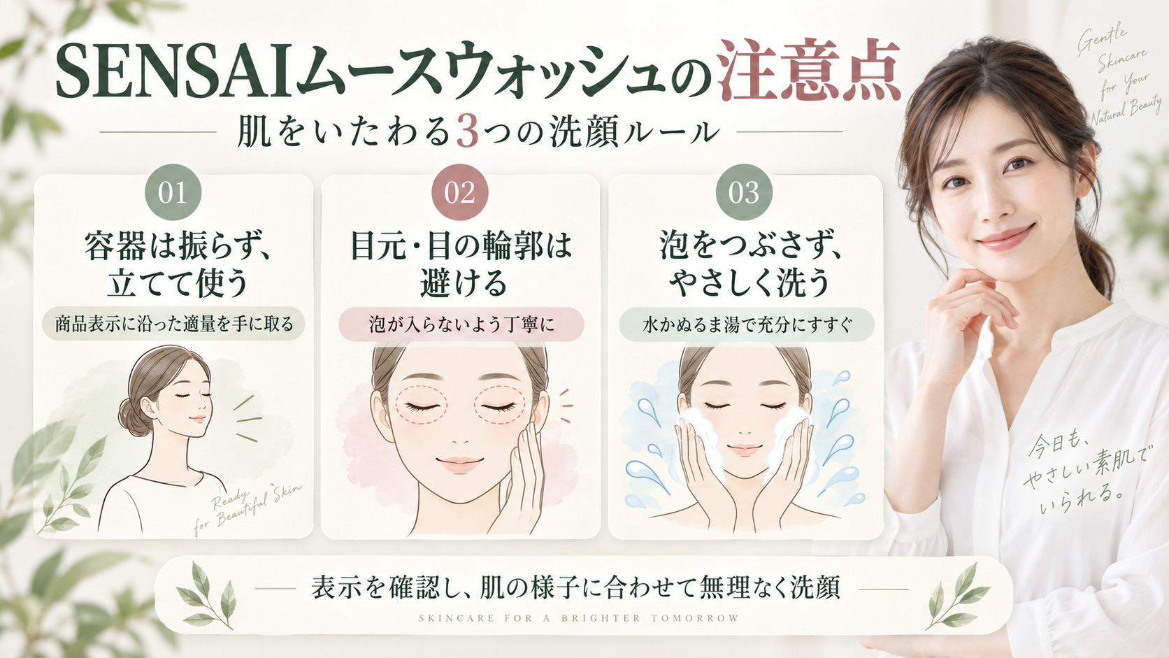 SENSAIムースウォッシュ注意点|炭酸泡の刺激と肌荒れ防止指針の記事内容をまとめたアイキャッチ