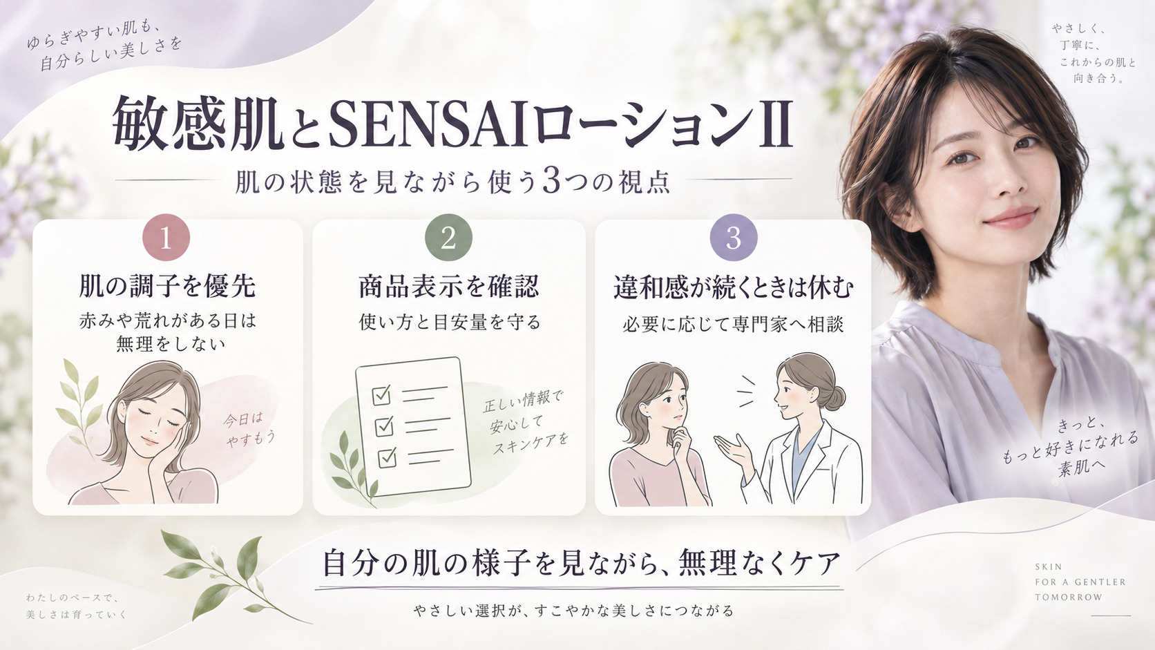 SENSAIローションII敏感肌の使い方｜ゆらぎ肌を守る低刺激保湿術の記事内容をまとめたアイキャッチ
