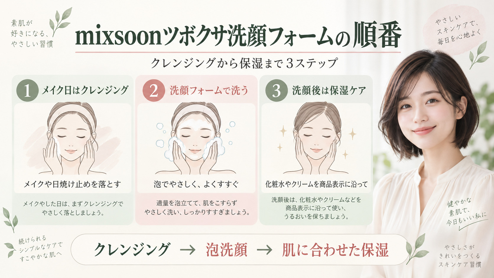 mixsoonツボクサ洗顔フォームの順番|効果を引き出す洗顔タイミングの記事内容をまとめたアイキャッチ