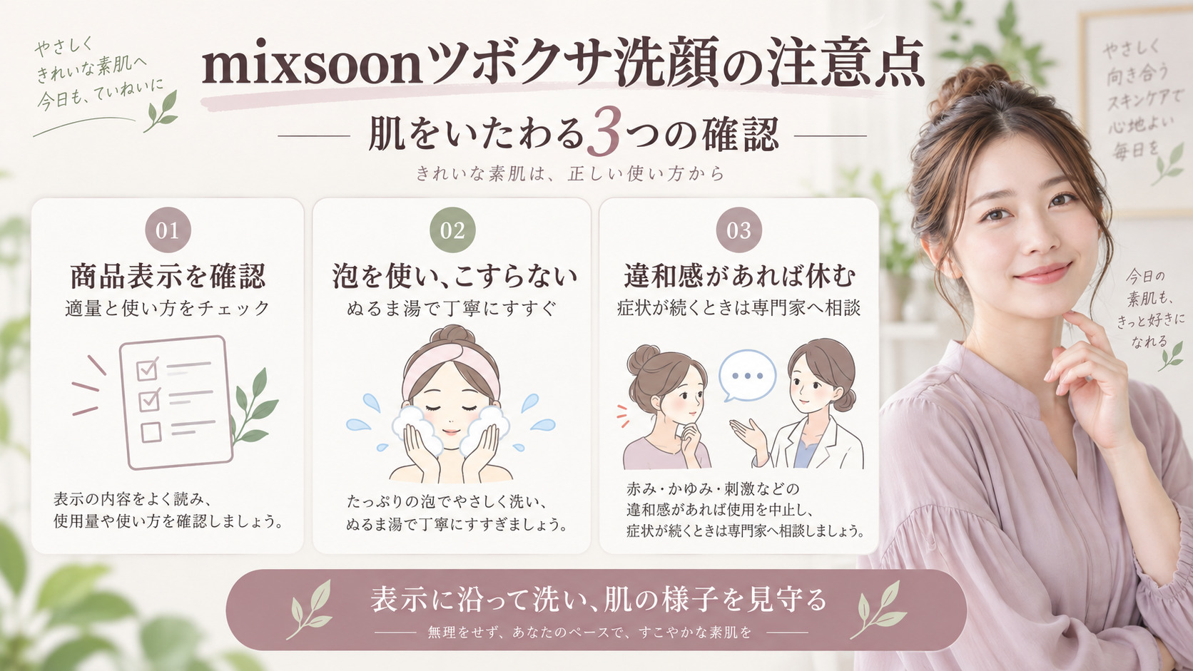 mixsoonツボクサ洗顔の注意点|肌トラブルを防ぐ正しい洗顔法の記事内容をまとめたアイキャッチ
