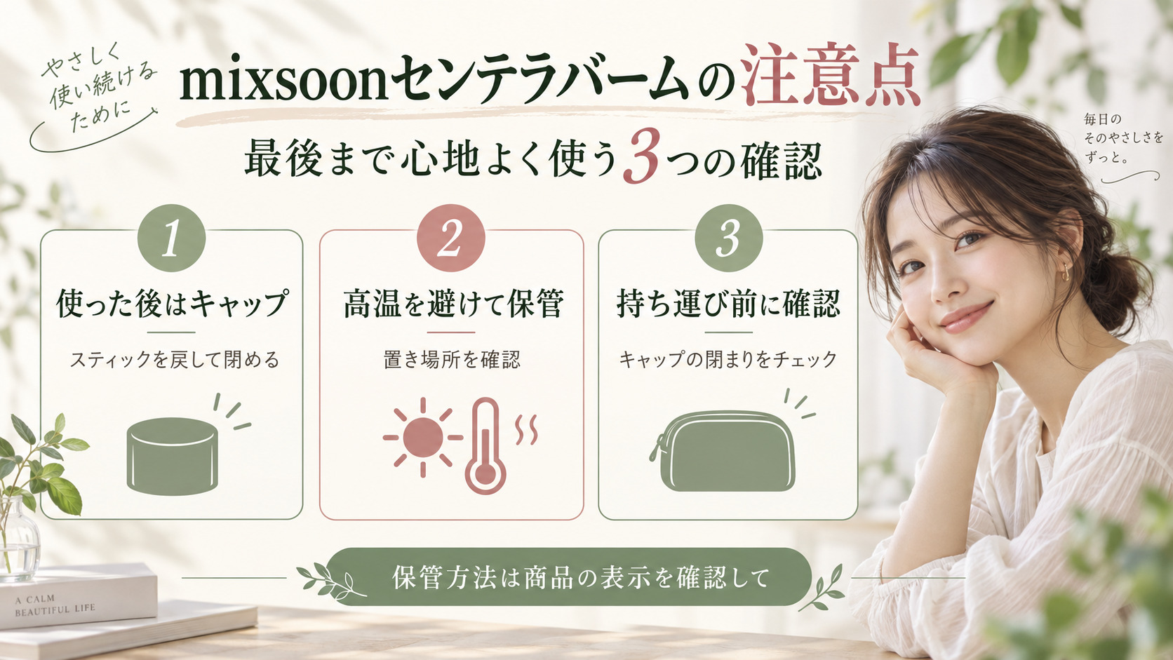 mixsoonセンテラバームの注意点|溶け防止と衛生的な保管方法の記事内容をまとめたアイキャッチ