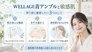 WELLAGE青アンプルは敏感肌でも使える？刺激を防ぐ低刺激ケアの記事内容をまとめたアイキャッチ