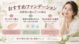 おすすめファンデーション｜肌質別の選び方と崩れない塗り方の記事内容をまとめたアイキャッチ