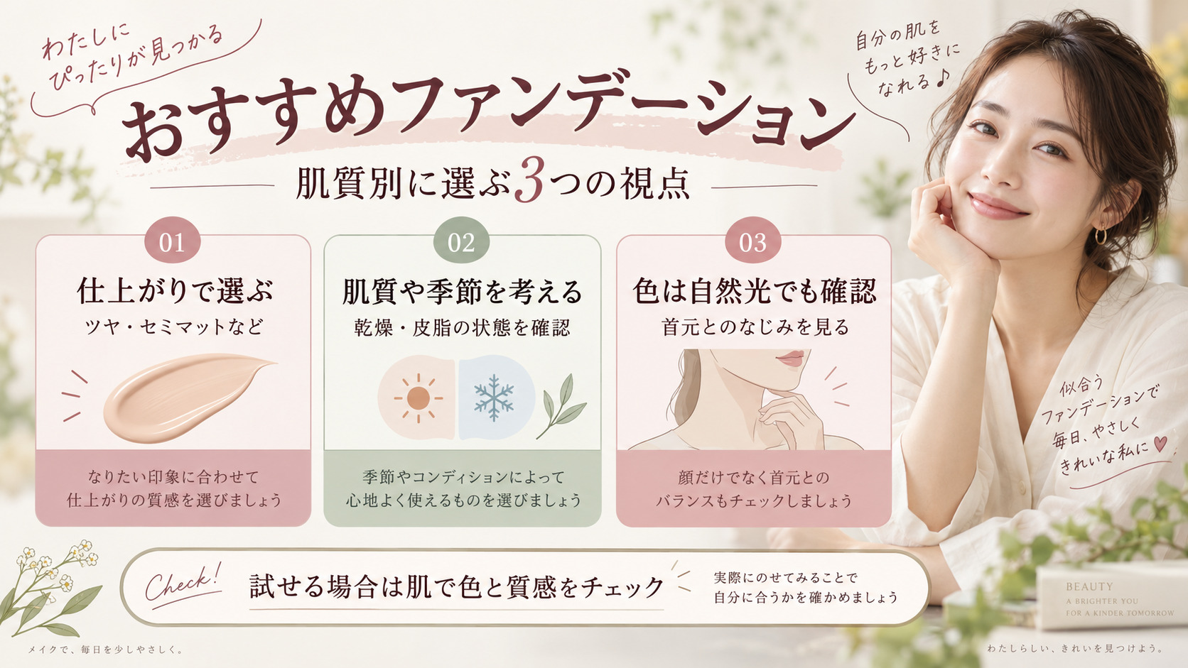 おすすめファンデーション｜肌質別の選び方と崩れない塗り方の記事内容をまとめたアイキャッチ