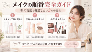 メイクの順番完全ガイド｜朝のスキンケアから夜まで崩れない手順の記事内容をまとめたアイキャッチ