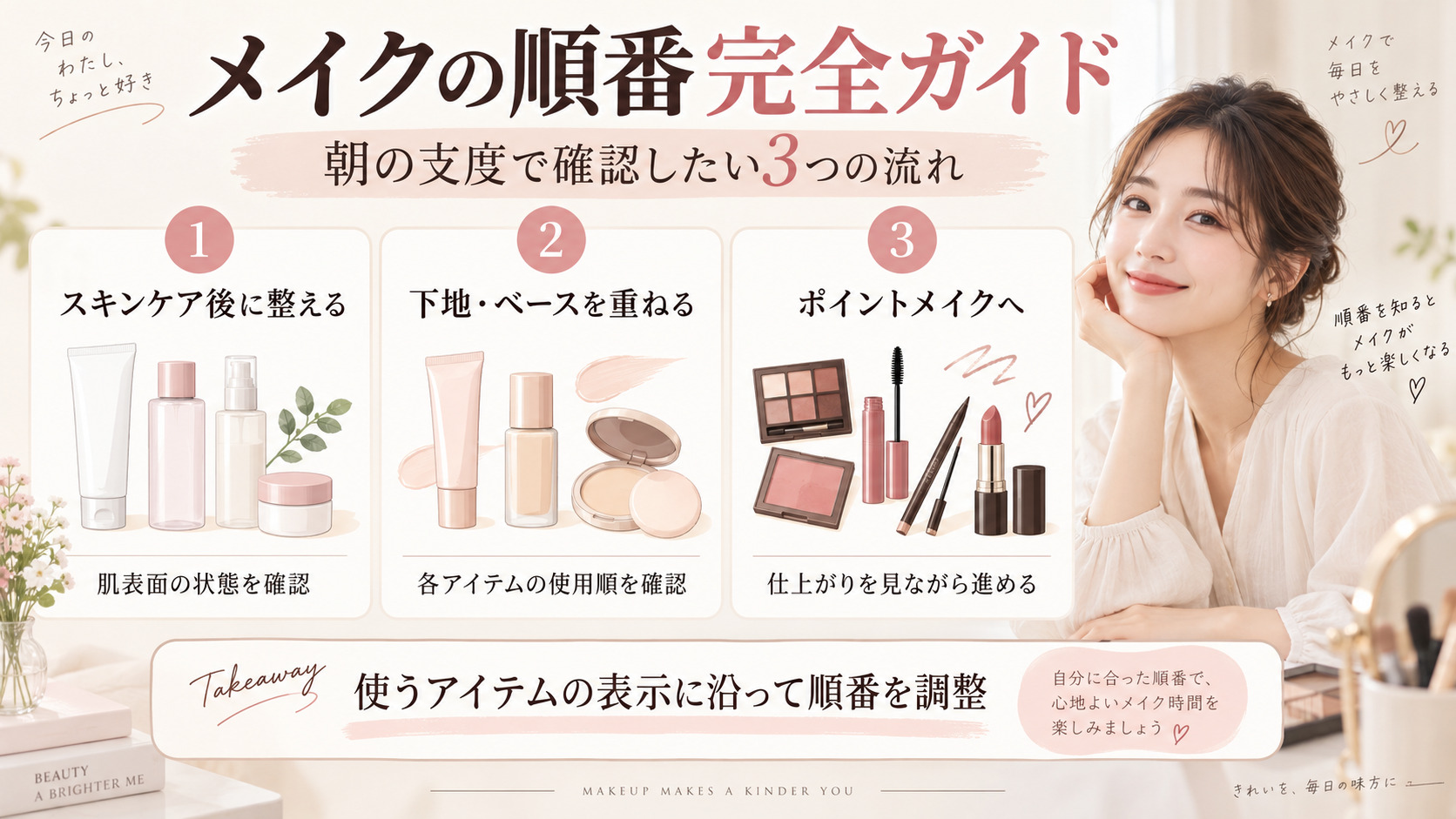 メイクの順番完全ガイド｜朝のスキンケアから夜まで崩れない手順の記事内容をまとめたアイキャッチ