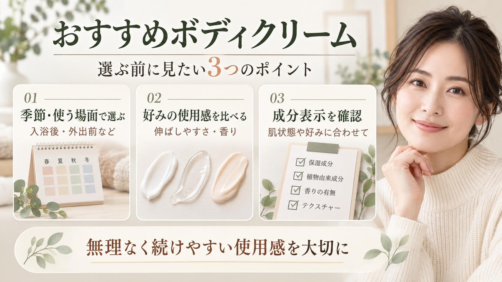 おすすめボディクリーム|乾燥肌もしっとり潤う高保湿の選び方の記事内容をまとめたアイキャッチ