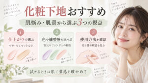化粧下地おすすめ｜肌悩み・肌質別の崩れないベースの選び方の記事内容をまとめたアイキャッチ