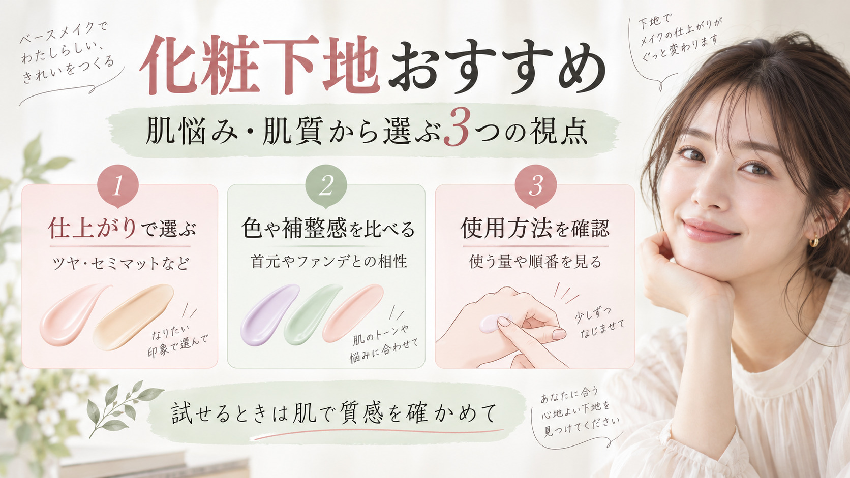 化粧下地おすすめ｜肌悩み・肌質別の崩れないベースの選び方の記事内容をまとめたアイキャッチ
