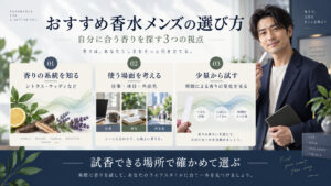 おすすめ香水メンズの選び方｜清潔感を演出する香調と正しい付け方の記事内容をまとめたアイキャッチ
