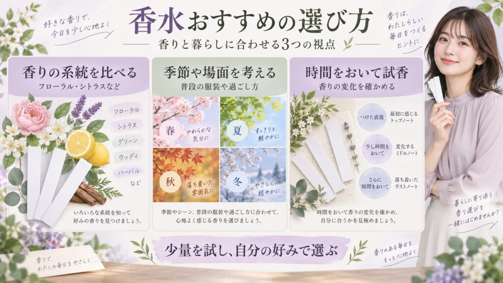 香水おすすめの選び方｜香り系統の特徴と失敗しない付け方の記事内容をまとめたアイキャッチ
