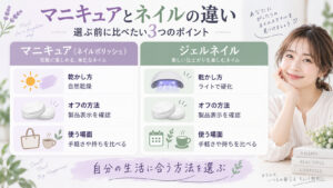 マニキュアとネイルの違いを解説｜持ちや落とし方・爪への負担を比較の記事内容をまとめたアイキャッチ