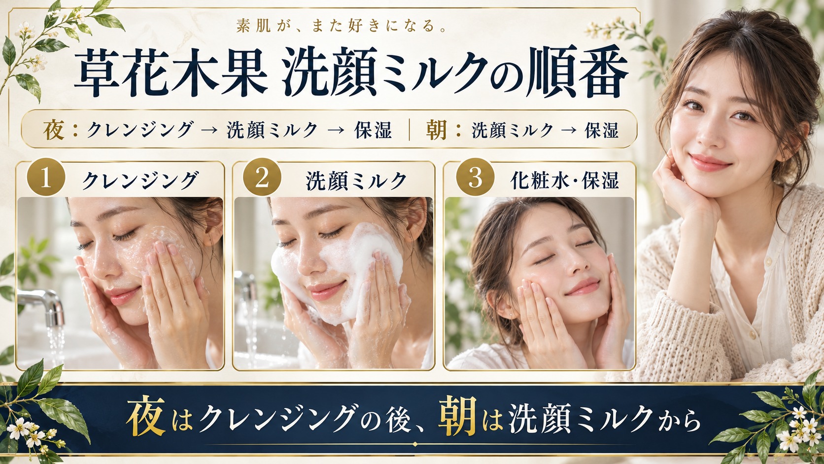 草花木果洗顔ミルク順番!クレンジング前後と朝夜のルーティン