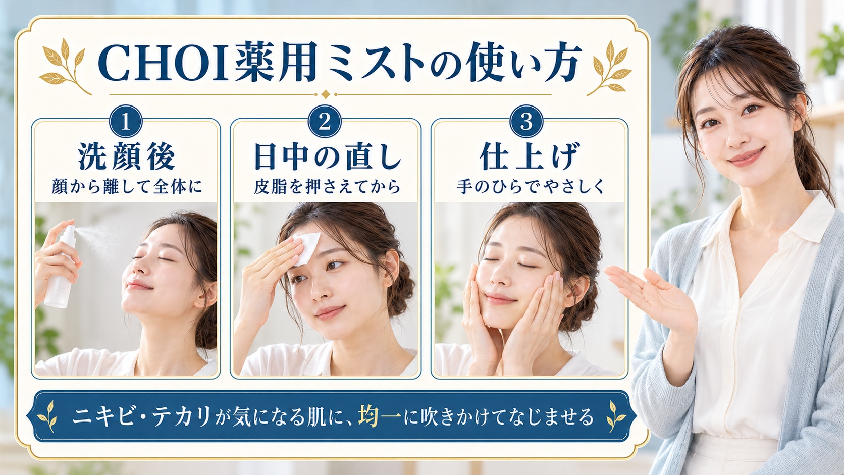 肌美精CHOI薬用ミスト化粧水使い方！ニキビとテカリの防止策
