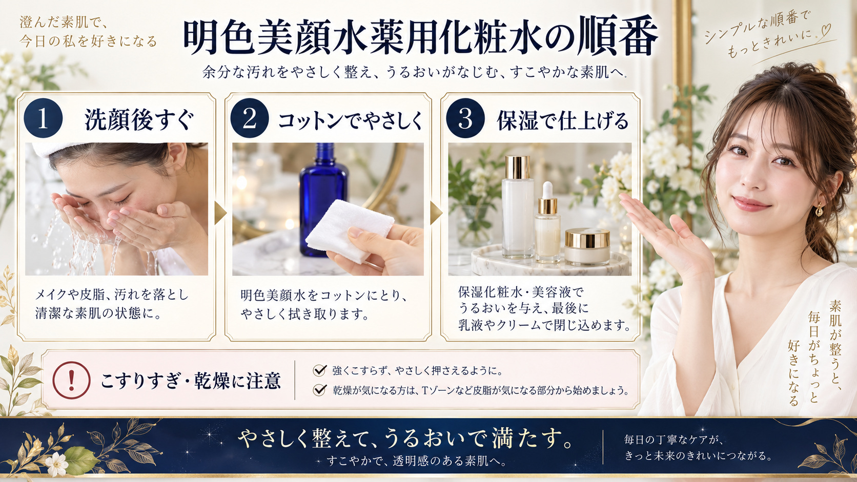 明色美顔水薬用化粧水の順番!効果を引き出すスキンケア手順